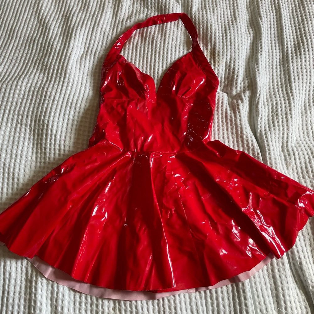 Red wet look/PVC/latex skater dress